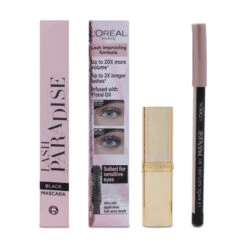 L'Oreal Black Mascara Eyeliner Lipstick 235 Set I Am Worth It Nudes